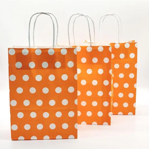 Miniatura 4 de JEYE Paquete de 12 bolsas de regalo de lunares naranjas con asa, bolsas de papel kraft de tamaño mediano a granel, bolsas de papel reciclables