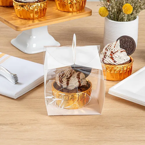 Miniatura 9 de Restaurantware - Cajas individuales para cupcakes de 4 x 4.25 pulgadas, 100 cajas de exhibición desechables para cupcakes - Con asa, acento de loto