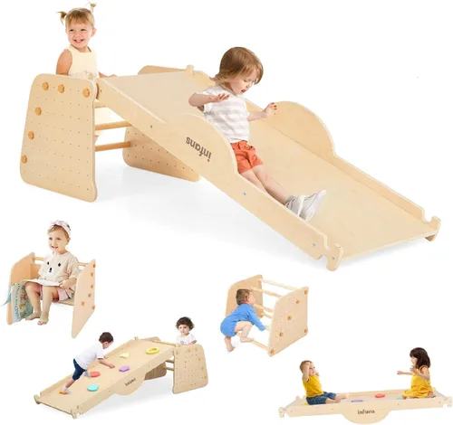 INFANS Juguetes de Escalada 7 en 1 para Niños Pequeños, Set de Escalador de Cubo Montessori de Madera Mejorado con Rampa Reversible, Tobogán,