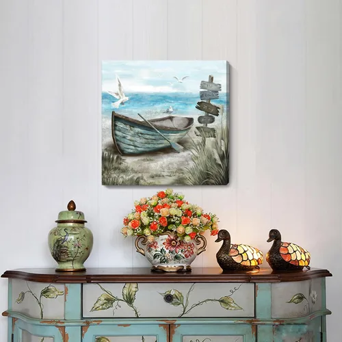 Miniatura 2 de Arte de pared para baño, decoración costera, barco náutico en la playa, lienzo con imagen de gaviota del océano, paisaje marino, arte de granja