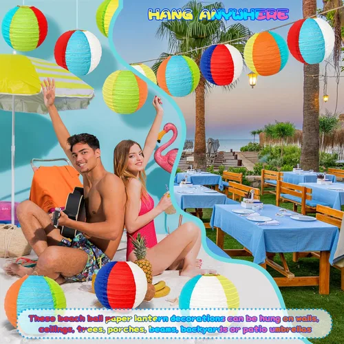Miniatura 3 de Paquete de 12 linternas de papel de bola de playa de 8 pulgadas, decoraciones de aula de verano y decoración colgante de fiesta en la piscina, Luau