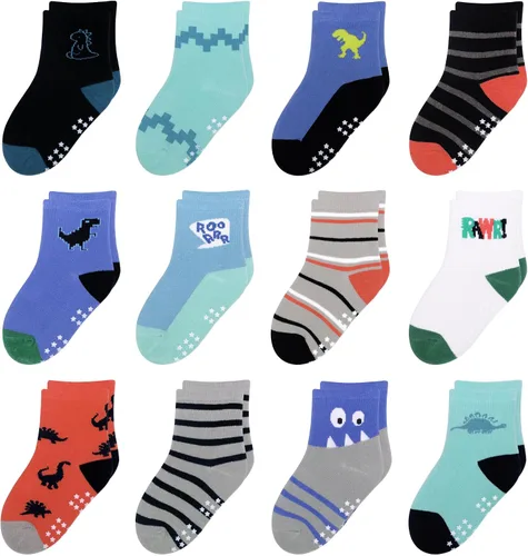 Miniatura 15 de 12 paquetes de calcetines antideslizantes para niños y bebés con agarre para niños de 1-7 años, calcetines de algodón de tripa para niños y niñas