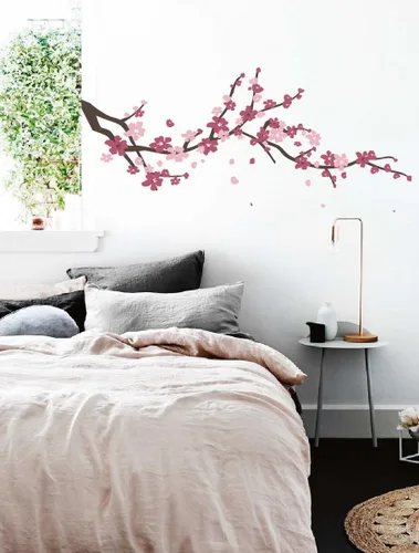 Calcomanía de vinilo grande con ramas de cerezo japonés para decoración de habitación de niñas (marrón, rosa, rosa claro, 19 x 48 pulgadas)