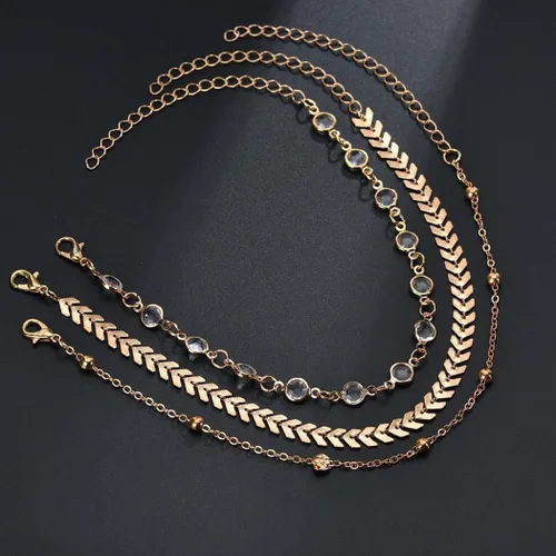 Miniatura 6 de Zoestar Pulsera para el tobillo de tres capas Cadena con hojas, accesorios de joyería para pie, para mujeres y niñas