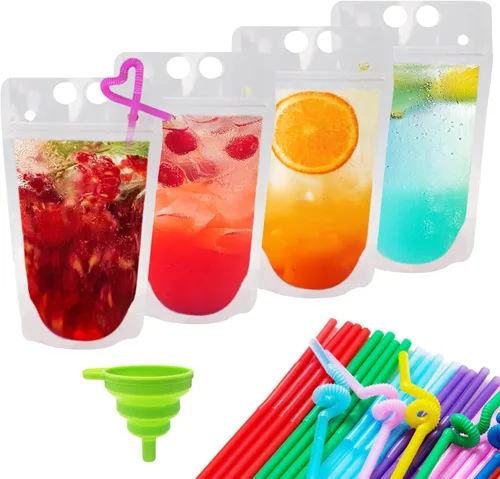Ozera Bolsas para bebidas, 100 bolsas reutilizables de 16 onzas para adultos, bolsas resistentes para adultos con embudo de pajita, bolsas de jugo