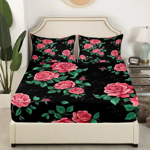 Miniatura 3 de Erosebridal Juego de sábanas de tamaño individual con diseño de rosas rojas, diseño floral rosa, ramas de hojas verdes, sábanas temáticas de plantas