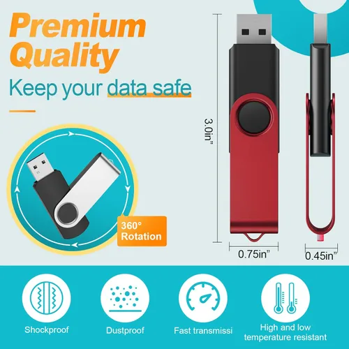 Miniatura 4 de Kepmem Unidades flash USB de 1 GB, paquete de 10 - Memorias USB 2.0 metálicas - Pendrive giratorio - Llavero portátil - Rojo