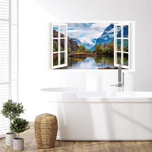 Miniatura 7 de Calcomanías de pared de paisaje, 3D, montaña, bosque, lago, calcomanías de pared extraíbles para ventana falsa, despegar y pegar, calcomanías