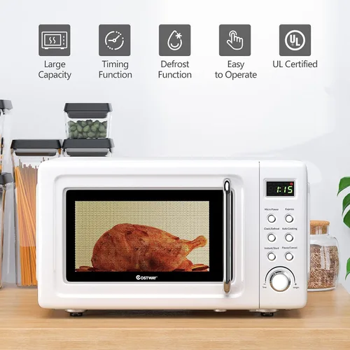 Miniatura 2 de COSTWAY horno microondas retro para encimera, 0.7 pies cúbicos, 700 vatios, alta eficiencia energética, 5 niveles de potencia, función de inicio