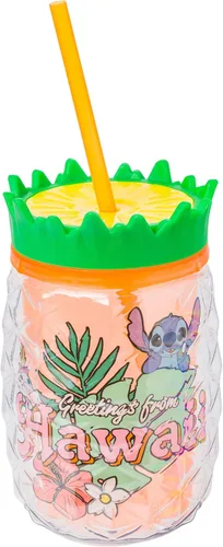 Silver Buffalo Disney Lilo y Stitch Saludos desde Hawái con Scrump, Vaso de doble pared con forma de piña, 473 ml (16 oz)