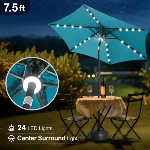 Miniatura 4 de FLAME&SHADE Sombrilla de patio con luz solar de 7.5 pies, 24 luces LED, sombrilla para exteriores con luz envolvente central, sombrilla de mesa