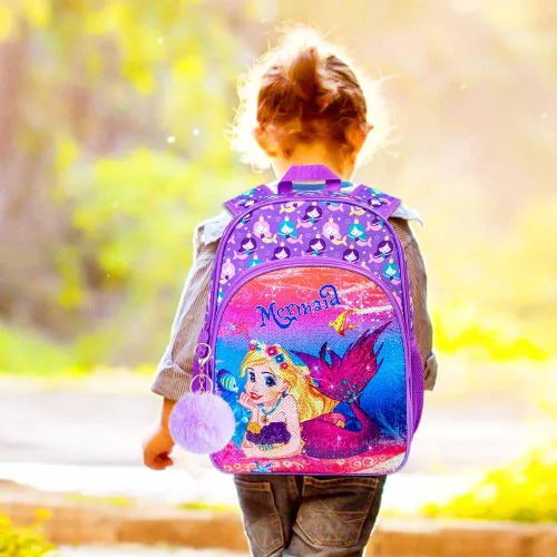 Miniatura 2 de KLFVB 3 mochilas de sirena de unicornio para niñas, bolsa de libros y lonchera de lentejuelas de 16 pulgadas, mochilas preescolares para primaria