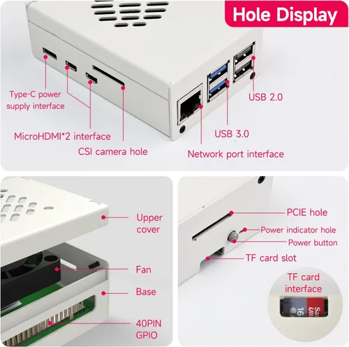 Miniatura 3 de Yahboom Funda para Raspberry Pi 5 Negro Blanco Metal Enfriamiento Funda Protectora con Ventilador de Velocidad Ajustable Anticolisión (blanco)