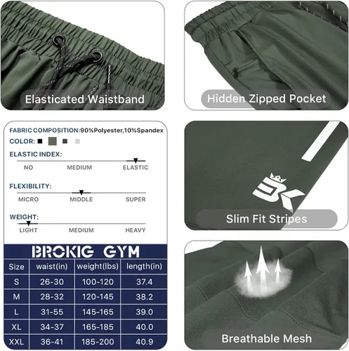 Miniatura 6 de BROKIG Pantalones deportivos ligeros de gimnasio para hombre, pantalones deportivos de entrenamiento con bolsillo con cremallera, pantalones
