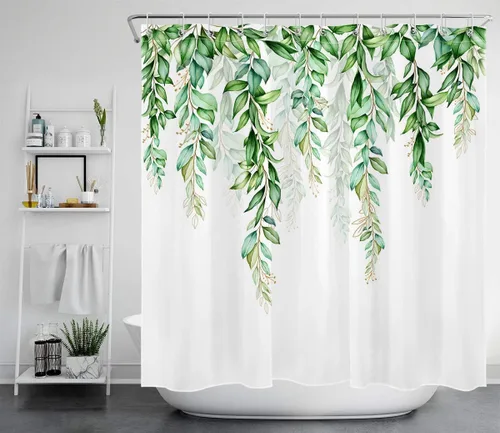 Miniatura 8 de LB Cortina de ducha de hojas verdes azules para baño, hojas botánicas de primavera con flores moradas sobre fondo blanco, acuarela, tela