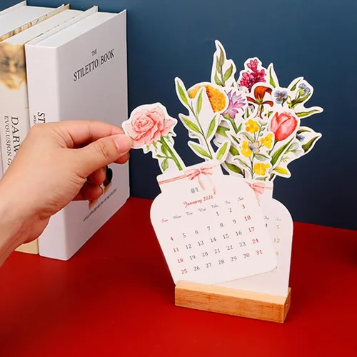 Miniatura 3 de Calendario de escritorio creativo de flores 2026, calendario mensual con forma de jarrón para Año Nuevo, 3.9 x 9.4 pulgadas