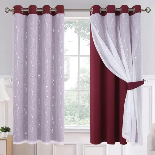 Miniatura 25 de BGment Cortinas de oscurecimiento de habitación con superposición transparente, cortinas de tul estampado plateado de doble capa para sala de estar