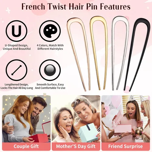Miniatura 4 de 4 horquillas francesas para mujer, horquillas de metal en forma de U para moños (oro rosa/oro/plata/negro), tenedores de aleación de zinc