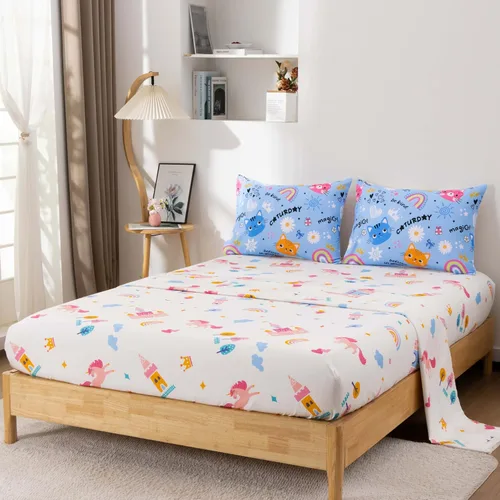 Miniatura 2 de Btargot Juego de edredón reversible de 5 piezas con diseño de gato de dibujos animados azules para niños, juego de ropa de cama con diseño de flores