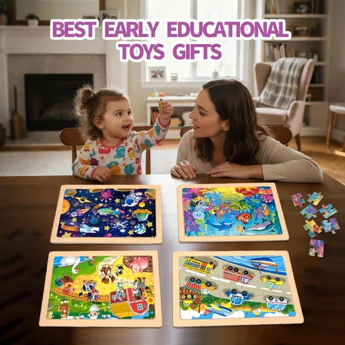 Miniatura 7 de Rompecabezas de madera para niños pequeños a partir de 3 años, rompecabezas de 12 piezas con vehículo de granja y océano para niños, 4 paquetes