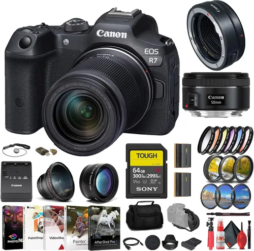 Canon Cámara sin espejo EOS R7 con lente de 0.709-5.906 in + lente EF de 1.969 in + adaptador de montaje + tarjeta de 64 GB + kit de filtro + lentes