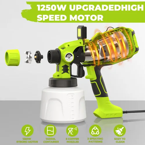 Miniatura 2 de Pulverizador de Pintura, AMZWOLF Pistola de Pintura en Aerosol HVLP de 1250W con 5 Boquillas y 3 Patrones de Rociado, Control de Flujo Ajustable