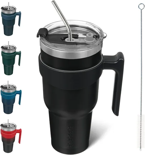 Miniatura 78 de BJPKPK Vaso con asa de acero inoxidable de 20 onzas, con aislamiento de doble pared, con tapa y pajita, color rosa claro A-rosa claro