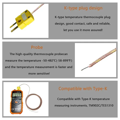 Miniatura 3 de 5 piezas de paquete de alta precisión K tipo mini-conector termopar sensor de sonda de temperatura, 1 metro de largo Rango de medición -50°C~482°C