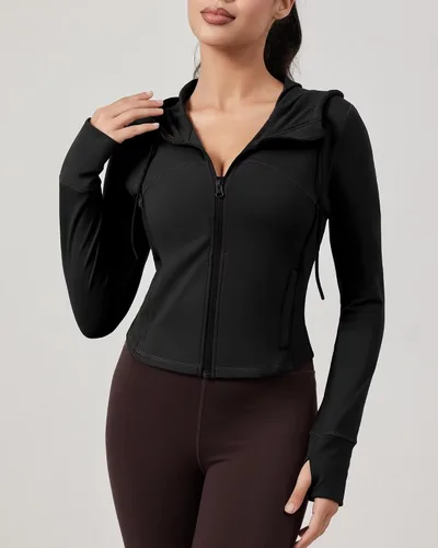 Miniatura 3 de QUEENIEKE Chaqueta de entrenamiento para mujer, con cremallera completa, sudadera con capucha para correr, ajustada, para yoga, recortada