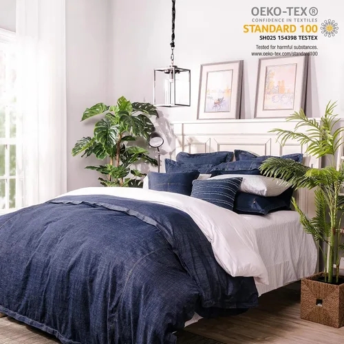 Miniatura 7 de Elegant Life Home Falda de cama de mezclilla lavada teñida con hilo de algodón, con volantes de polvo, caída a medida de 18 pulgadas