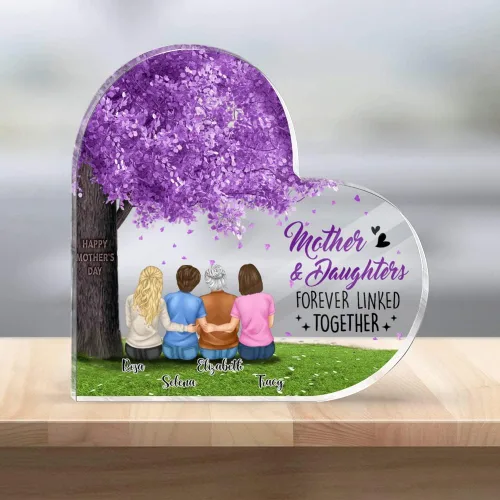 Miniatura 4 de GOSSBY Placa transparente personalizada (madre y 3 hijas) Madre e hijas, placa de acrílico con forma de corazón con nombre personalizado, mamá Madre
