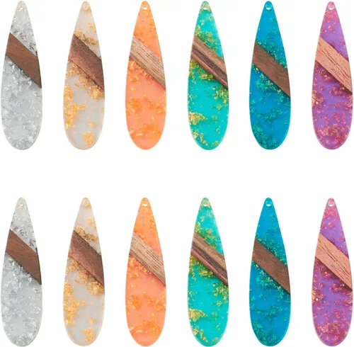 Miniatura 33 de Beadthoven 60 piezas Kit de Dijes de Madera de Resina Colgantes para Hacer Aretes Dijes Dorados para Aretes DIY Boho Piezas en Blanco de Madera