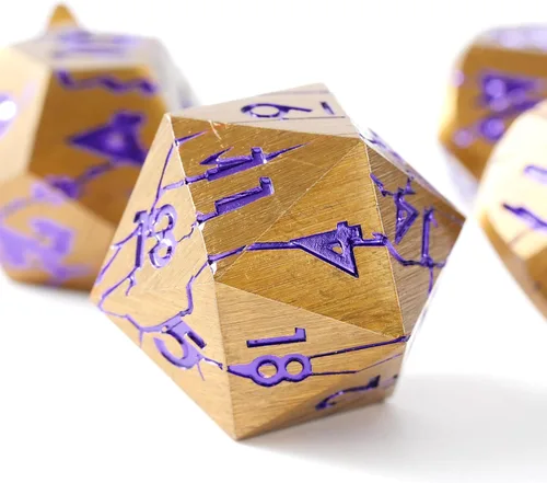 Dados de metal para DND – Ruinas de faraón oro oscuro con grietas moradas – Juego de dados poliédricos para D&D, RPG y más – Bellamente detallados