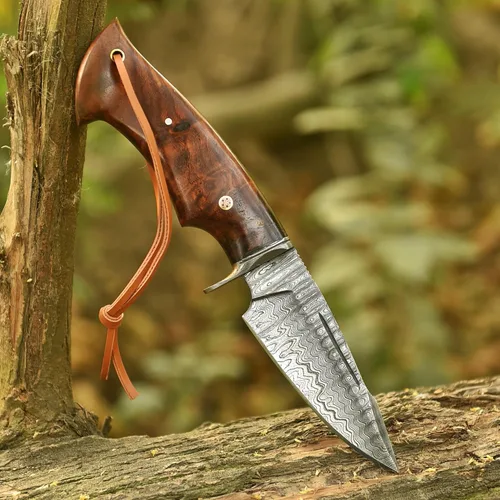Miniatura 2 de Cuchillo de caza de 10 pulgadas – Cuchillos de hoja fija hechos a mano de acero de Damasco – Mango de madera de nogal y funda de cuero – Cuchillo