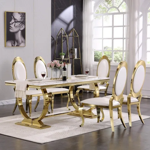 Miniatura 3 de ACEDÉCOR Sillas de comedor blancas y doradas, modernas sillas de piel sintética blanca, magnífica silla ovalada con respaldo de acero inoxidable