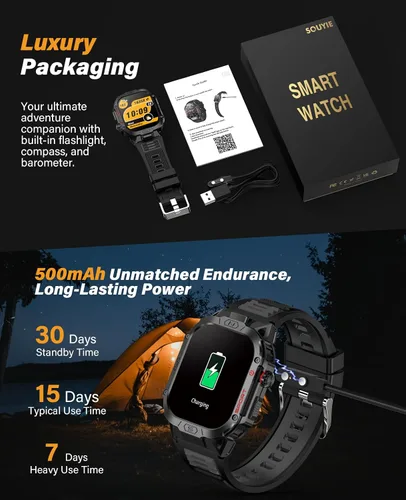 Miniatura 8 de SOUYIE Reloj inteligente militar para hombre para responder/hacer llamadas, reloj inteligente deportivo al aire libre de 2.02 pulgadas con linterna