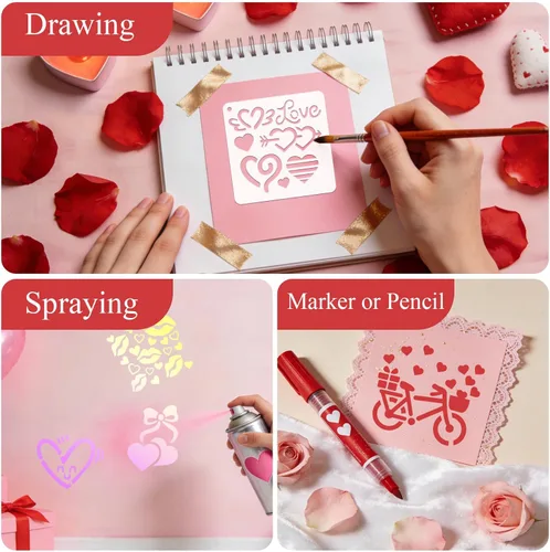 Miniatura 9 de 72 plantillas para el día de San Valentín de 3 x 3 pulgadas para pintar, diseño de corazón rojo, beso, rosa roja, flecha de Cupido, plantillas