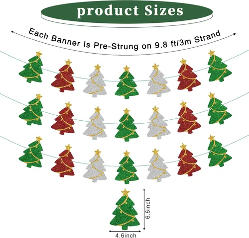 Miniatura 3 de Juego de 3 decoraciones de Navidad preencordadas, guirnalda de pancarta para árbol de Navidad con purpurina para fiesta de invierno, decoración