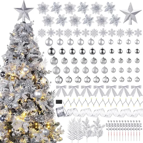 Miniatura 10 de Poen Juego de 108 adornos para árbol de Navidad, incluye bolas para árbol navideño, flor de pascua con purpurina, lazos, bayas, tallos, hojas, copos
