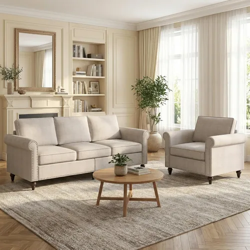 PUREMIND Juego de sofá de 2 piezas para muebles de sala de estar, juego de sofá y silla de oficina moderno de lino con patas de madera maciza, sofá