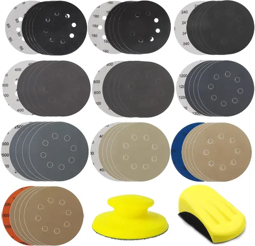 50 piezas de papel de lija de 8 agujeros de 5 pulgadas, discos de lijado con gancho y bucle 60/180/240/400/800/1200/2500/4000/7000/10000 granos con