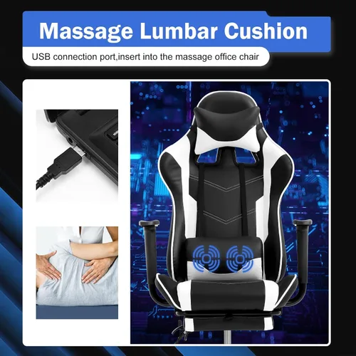 Miniatura 5 de Silla ergonómica para juegos de PC, silla de oficina de carreras, silla de videojuegos, función de masaje, soporte lumbar con reposabrazos Blanco
