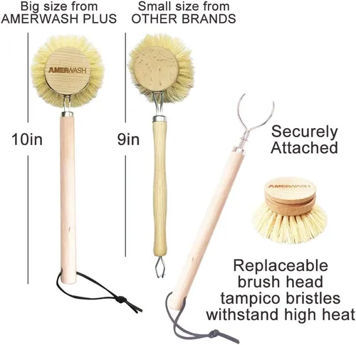 Miniatura 5 de AMERWASH PLUS Cepillo para platos con mango de madera, cepillo de cocina natural para platos, verduras, ollas y sartenes, limpiador de cerdas