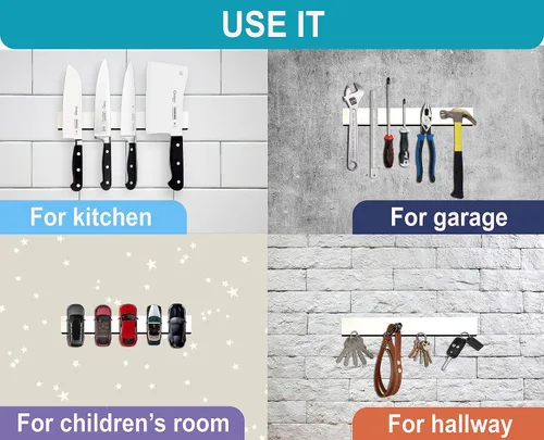 Miniatura 5 de Soporte magnético para cuchillos de pared de 10 pulgadas, color blanco, sin perforaciones, uso como tira magnética para cuchillos, barra magnética
