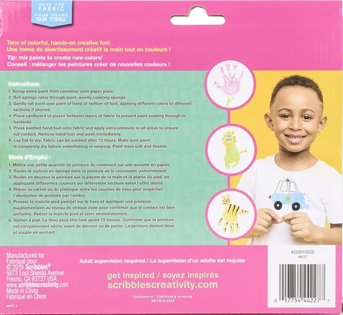 Miniatura 3 de Scribbles Kit de pintura y rodillo para dedos, seguro para niños, pintura de tela permanente, lava la piel, 6 colores neón