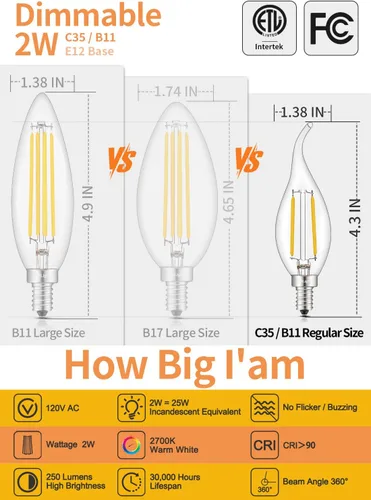 Miniatura 2 de Bombilla LED de candelabro regulable de 2 W, 2700 K, blanco cálido, equivalente a 250 lm 25 W, bombillas de vela de araña E12, punta doblada