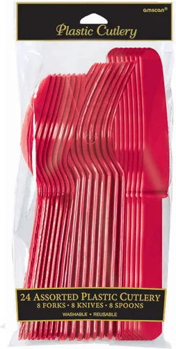 Juego de cubiertos de plástico surtidos de color rojo manzana, (24 unidades), vajilla de alta calidad y colores llamativos, perfecta para fiestas y