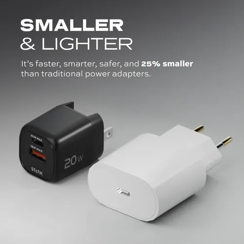 Miniatura 4 de STATIK Fast-Charging GaN Power Adapter - 20W Dual USB C & USB - Foldable Compact Charger for iPhone, iPad, Samsung, Pixel - Smart Overheat