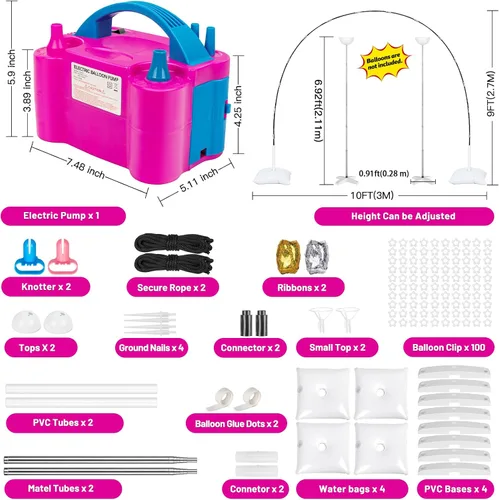 Miniatura 2 de Kit de arco de globos y soporte de columna de globo de metal y bomba eléctrica para globos, soportes de globos ajustables para suelo con bolsas