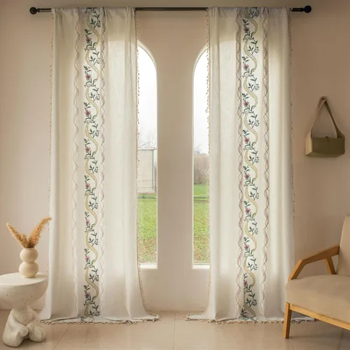 Miniatura 23 de BHUSB Cortinas rústicas para sala de estar de 63 pulgadas de largo, cortinas de ventana de lino y algodón con estampado floral bohemio, cortinas